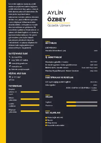 Güzellik Uzmanı Cv Örnekleri  cv indir